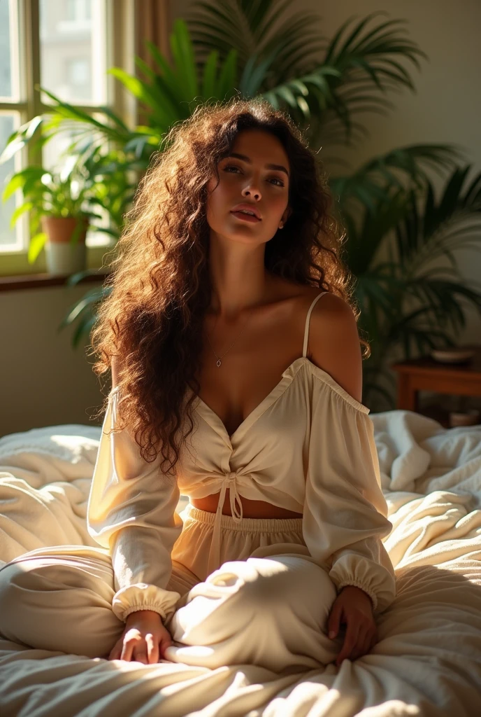 (photorealism:1.2), beautiful woman, sitting on bed, wearing loose off-shoulder top, pajama pants, long curly hair, indoors, soft lighting, plants in background, window with sunlight, cozy room, relaxed pose, realistic, intricate details, warm colors, by Greg Rutkowski, by Alphonse Mucha