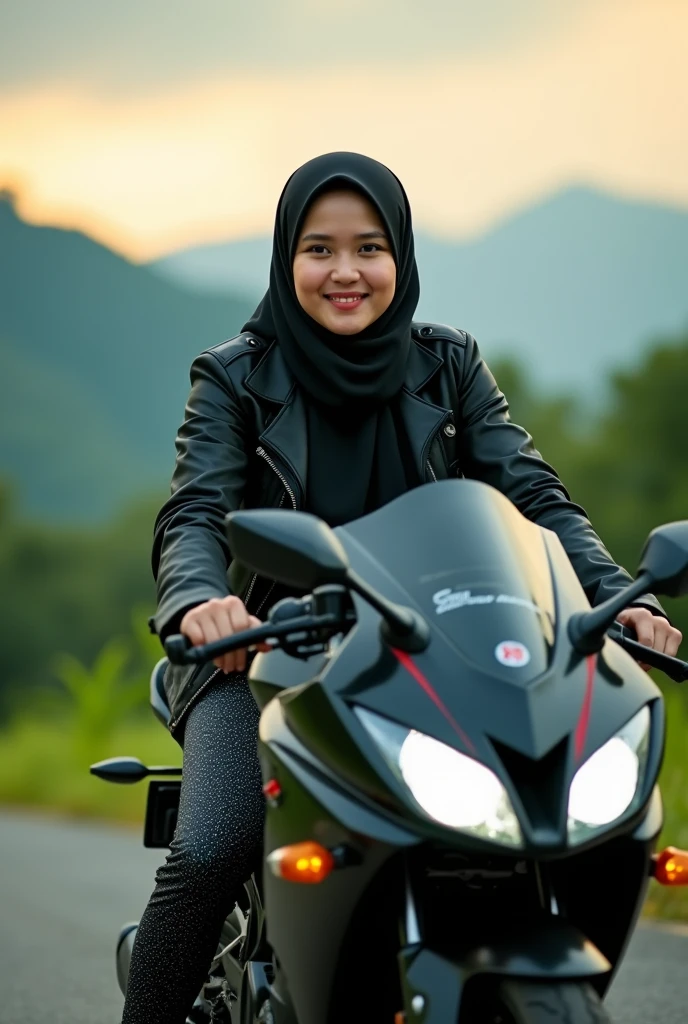 a beautiful woman aged 20 years typical of Indonesia wearing a hijab wearing a black jacket shiny pants cool shoes riding a motorcycle ninja kawasaki 4 not on the asphalt road cool background