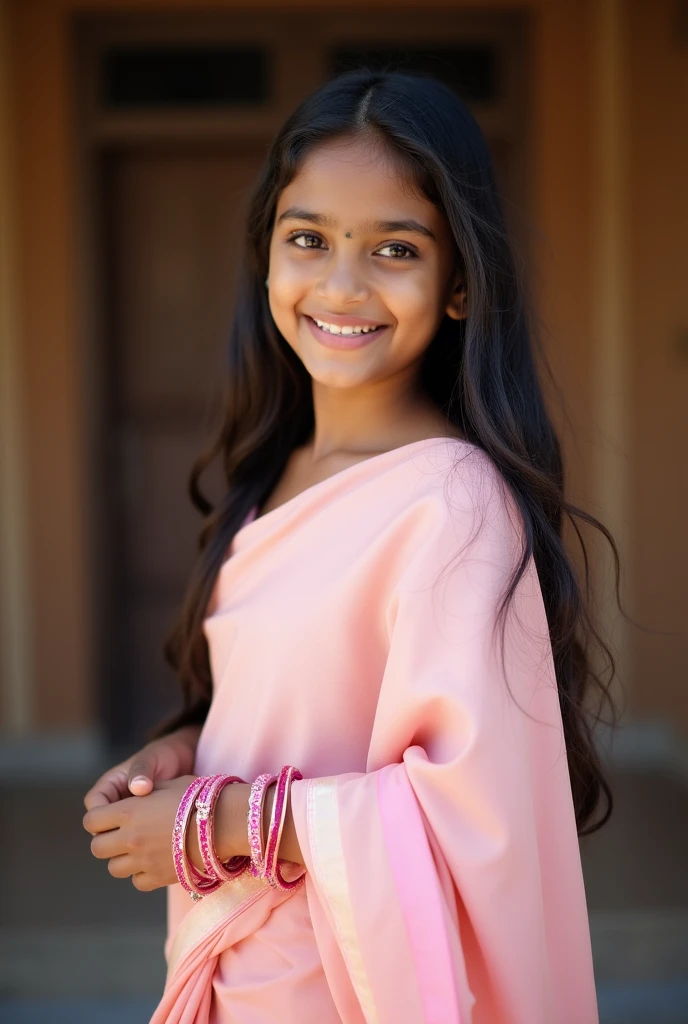 Indian girl with light pink colour saree
, with open hairs on left shoulder ,with blurred wooden background , looking straight, body facing towards the camera with a adult smile , with 5 pink colour bangles