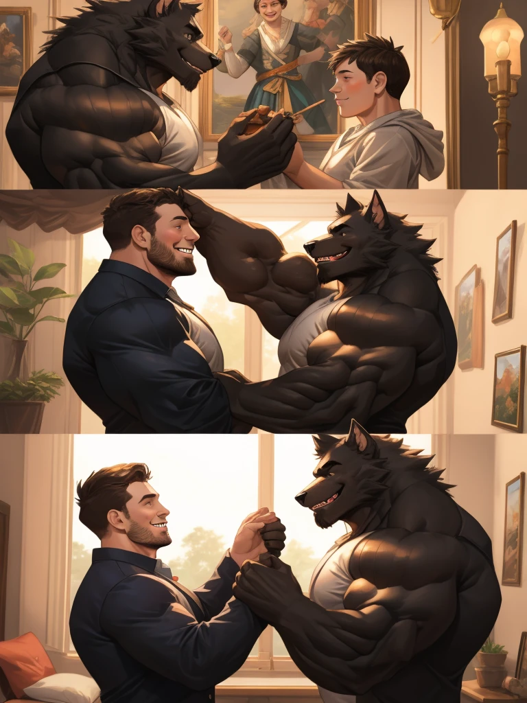 4K, detailed, soft color, Vintage images, highres, unparalleled masterpiece, absurdres, love story of human young man and giant huge Muscular Werewolf, pair, Height difference, Physical difference, perfect anatomy, smile, joyful, play with, smile, happy
