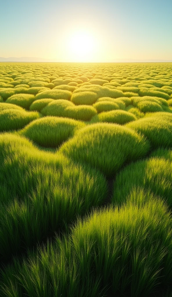 A high-angle view of a prairie, looking down on the expanse of tall grasses moving in the wind. The view captures the subtle waves and patterns formed as the grasses sway, with the sunlight casting soft shadows across the landscape. The vastness of the prairie is emphasized, with the horizon visible in the distance and the grasses stretching as far as the eye can see. The high-angle perspective showcases the dynamic and ever-changing nature of the prairie as it moves in harmony with the wind.