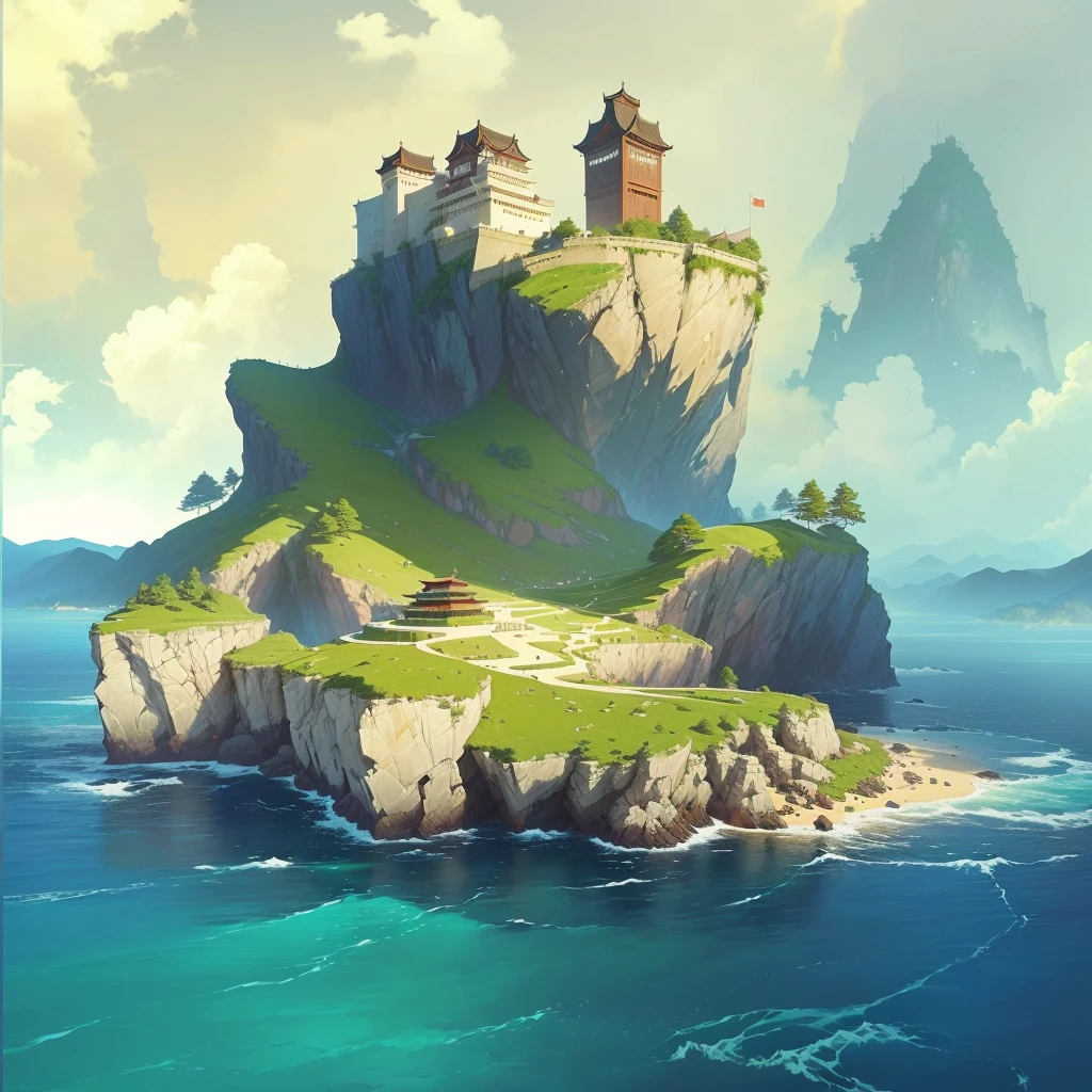 There is a small island,上面有建筑遗迹 author Raymond Han, A beautiful artistic illustration, Feiyun Castle, author Ryan Yee, Andreas Rocha style, Ross Chen. Landscape background, Inspired by Andreas Rocha, Epic painting of the island, Beautiful Numbers, author:Alexander Jean, Andreas Rocha's style