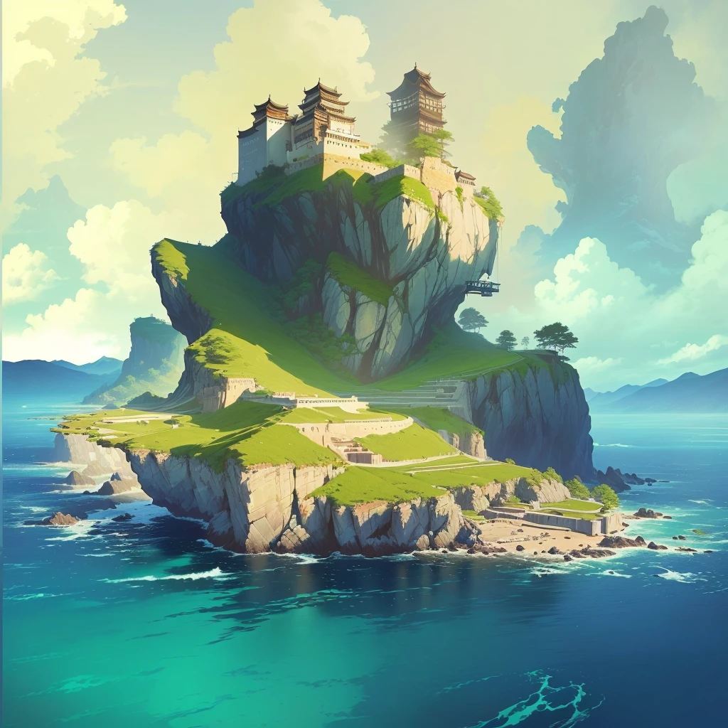 There is a small island，上面有建筑遗迹 author Raymond Han, A beautiful artistic illustration, Feiyun Castle, author Ryan Yee, Andreas Rocha style, Ross Chen. Landscape background, Inspired by Andreas Rocha, Epic painting of the island, Beautiful Numbers, author：Alexander Jean, Andreas Rocha's style
