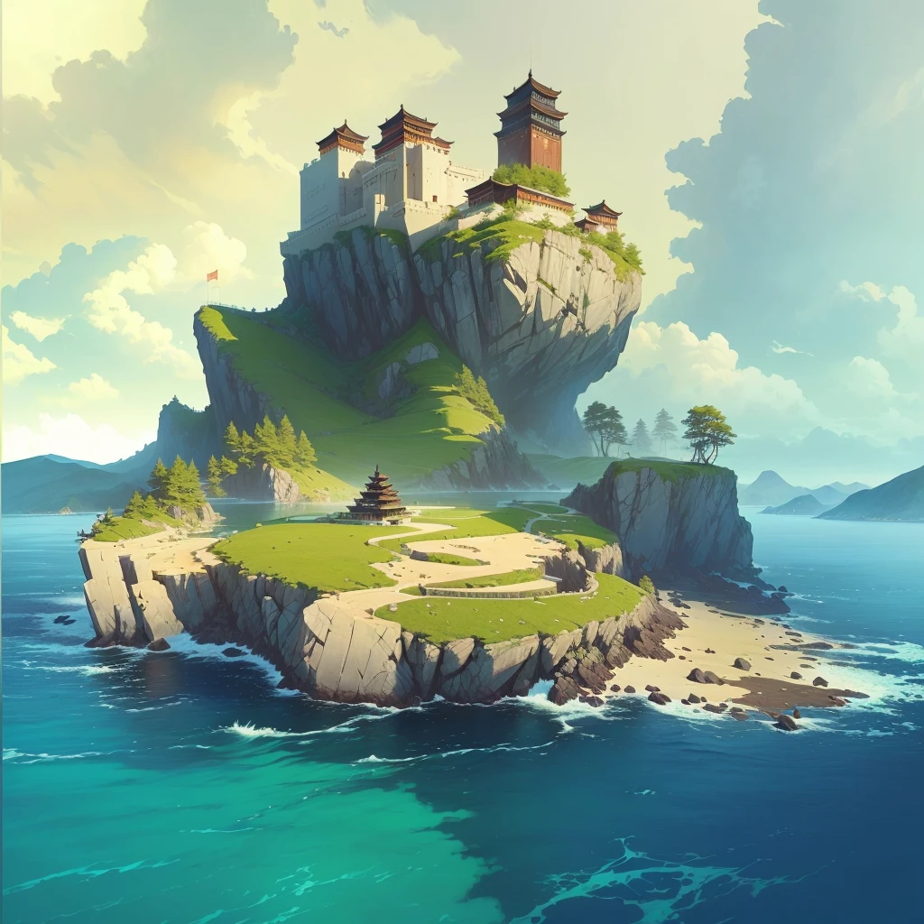 There is a small island，上面有建筑遗迹 author Raymond Han, A beautiful artistic illustration, Feiyun Castle, author Ryan Yee, Andreas Rocha style, Ross Chen. Landscape background, Inspired by Andreas Rocha, Epic painting of the island, Beautiful Numbers, author：Alexander Jean, Andreas Rocha's style