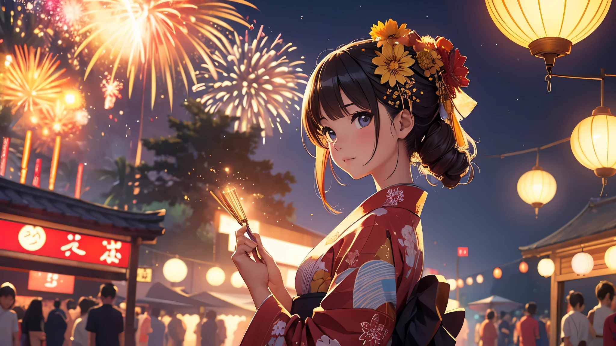 firework、Summer festival、Illustration of a beautiful girl in a yukata., 8K Ultra HD, RAW Photos, Digital Painting, Super detailed, Golden Ratio