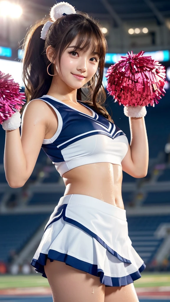 Product quality,1 girl,Cheerleader,Cowboy Shot,Young and cute Japanese,20-year-old,((Stadium Background:1.2)),(Holding big pom-poms in both hands:1.5),smile, cheer leading,Cheerleaderuniform,Ultra Short Short Pleated Mini Skirt,Very cute face,Baby Face,Glossy Lips,(Beautiful big eyes),Gray Eyes,Double eyelids on both eyes,(Natural Makeup),shiny smooth light brown long hair,,Asymmetrical bangs,Floating Hair NovaFrog Style,Center image,8k resolution,Attention to detail,Detailed hairstyle,Detailed face,Cinema Lighting,Octane Rendering,Ultra-realistic,(Glowing Skin, Sweaty:1.3)Perfect limbs,Beautiful legs,Voluptuous thighs,Huge breasts,(Expresses the roundness and softness of the chest area..........1),Perfect Anatomy,((cheer dance pose:1.2))