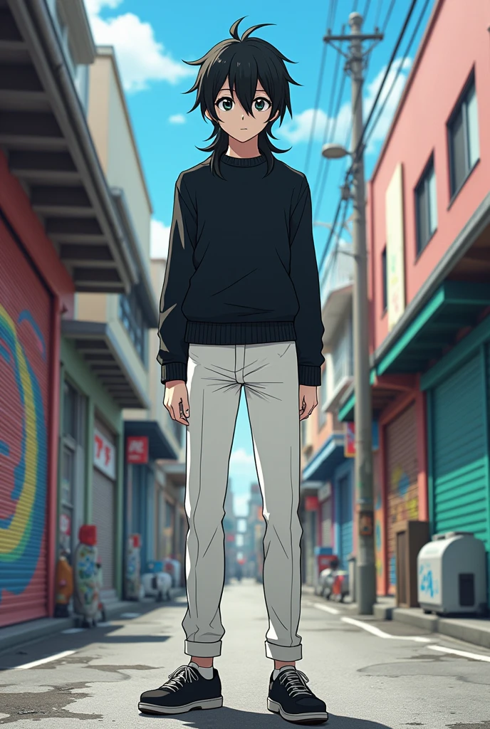 e boy, brown hair, Plain blue clothes, ((pee stain)), Crying, Cowering in the corner of the wall
