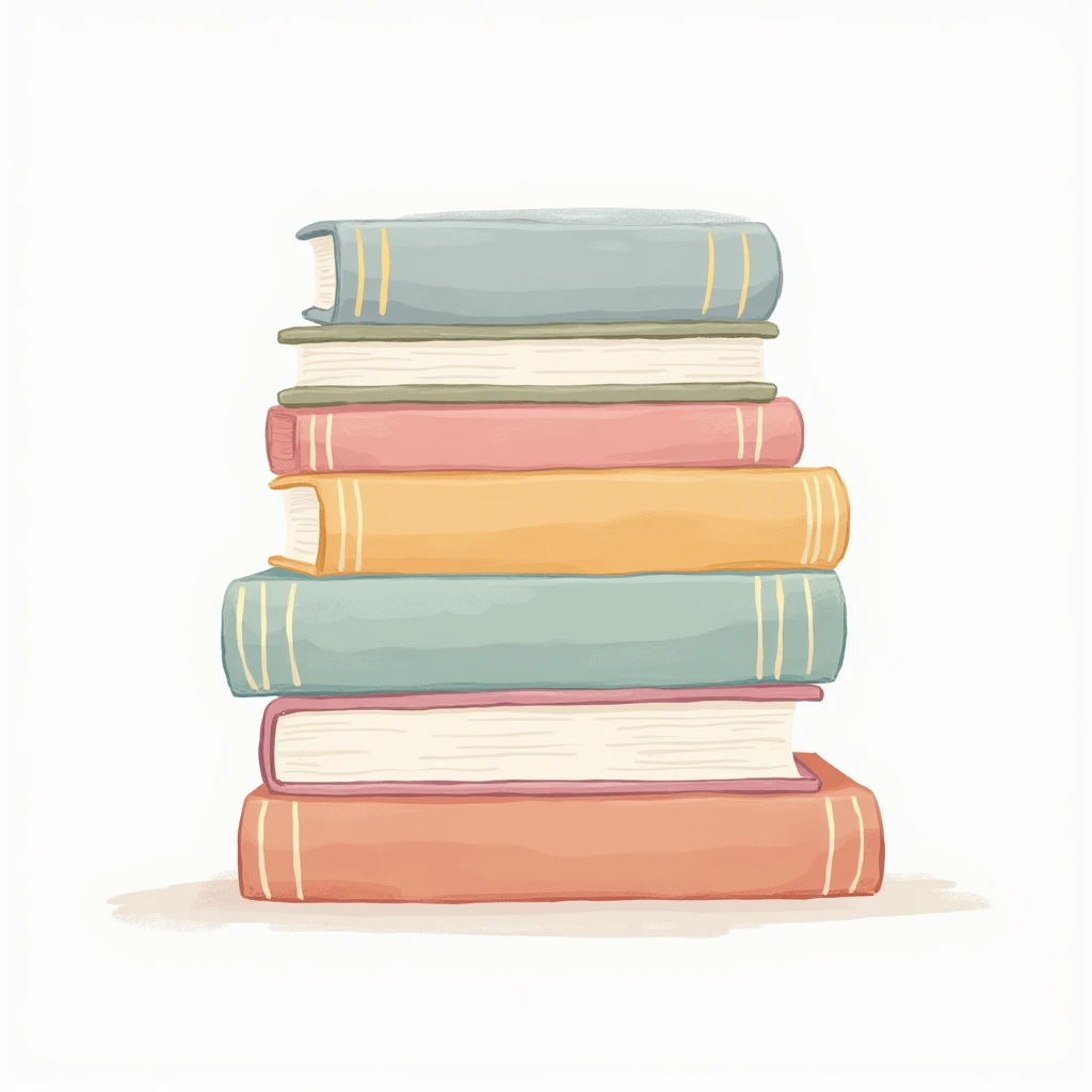 "A front-facing, hand-drawn stack of books in pastel colors, arranged in an uneven, natural pile. Each book has a different height and width, giving the stack an organic look. The illustration is isolated on a transparent background, with simple details like title lines and minimalistic design elements on the spines of the books. No additional background or elements, making it versatile for use in various contexts."