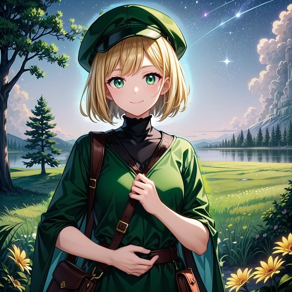 ((masterpiece)), ((Highest quality)), ((Super detailed)), ((Night Sky, lake, grassland, Flowers, Western, Otherworldly fantasy)), ((Starry Sky)), (アニメ:1.1)