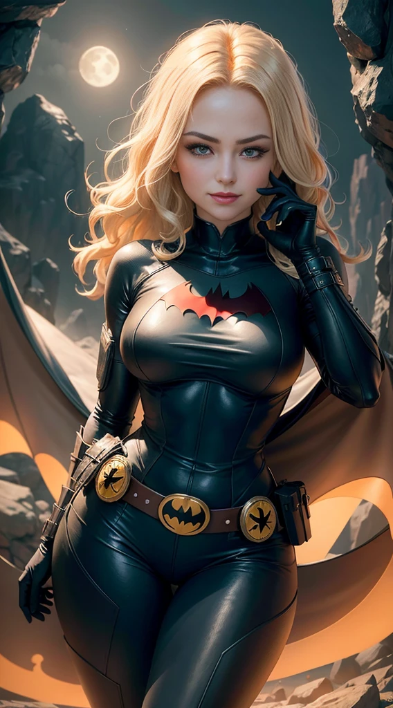 1girl, full body, style of the Batwoman costume, medium breasts, Yellow Batman Logo on Chest and the belt, masterpiece, best quality, detailed skin texture, detailed cloth texture, beautiful detailed face, intricate details, ultra detailed, Blonde hairstyle, Smile, one eye closed Dynamic pose, blink one eye, finger shooting position, ( in the Dark Cave), full moon on the sky, (Best quality, A high resolution, Photorealistic, primitive, 8K,Masterpiece, ),Best quality, Masterpiec8K.hdr. High ribs:1.2, filmgrain, Blur bokeh:1.2, Lens flare, (vivd colour:1.2), (Delicate),