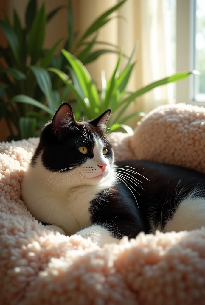 (photorealism:1.2), beautiful black and white cat, sitting on bed, indoors, soft lighting, plants in background, window with sunlight, cozy room, relaxed pose, realistic, intricate details, warm colors, by Greg Rutkowski, by Alphonse Mucha