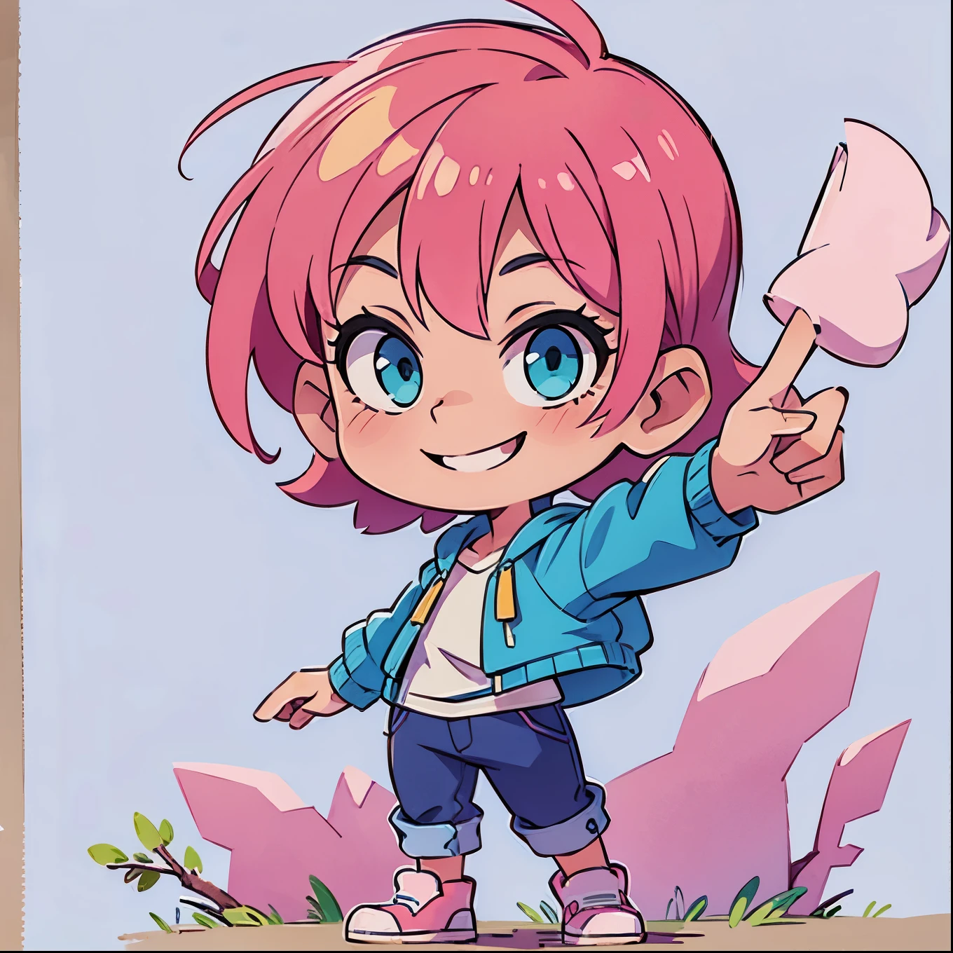 ((Cool smile))、Pink hair、short hair、Blue-green eyes、Simple clothes、Pointing Up