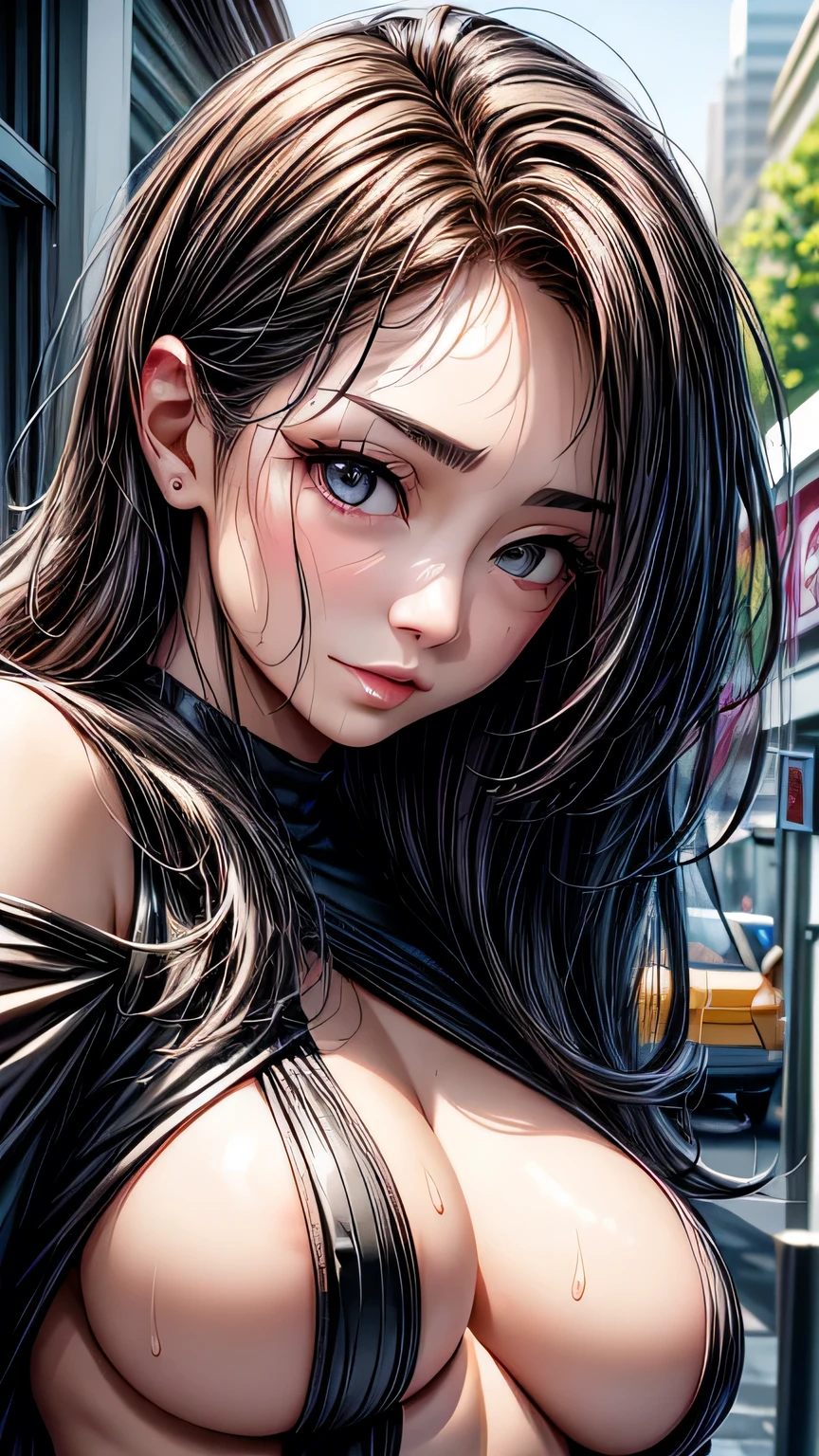 (((Face close-up)))、Attractive 25 year old woman, one person, (((so beautiful 25 year old woman))), cute、If you look at this、 Adult female, Curved body, Thick body, A voluptuous figure and especially large breasts, DD size breasts, Her body remains well-proportioned and attractive even in middle age., Detailed face、Detailed body、So cute face, Glossy Lips, Double eyelids on both eyes,Natural Face、Natural Makeup, Long eyelashes, Shiny and smooth hair、Perfect limbs, Perfect Anatomy, (Wet with sweat), sexly、smile、Dark black hair, Shoulder-length hair, Dark black hair in a Shoulder-length hairstyle, Black Eye, Hair tied up on top of her head, Mature face, so beautiful, loose tops, pants, Punk-style clothing, tracing, City Street. masterpiece, 最high quality, high quality, High resolution, (((Face close-up)))、Face close-up