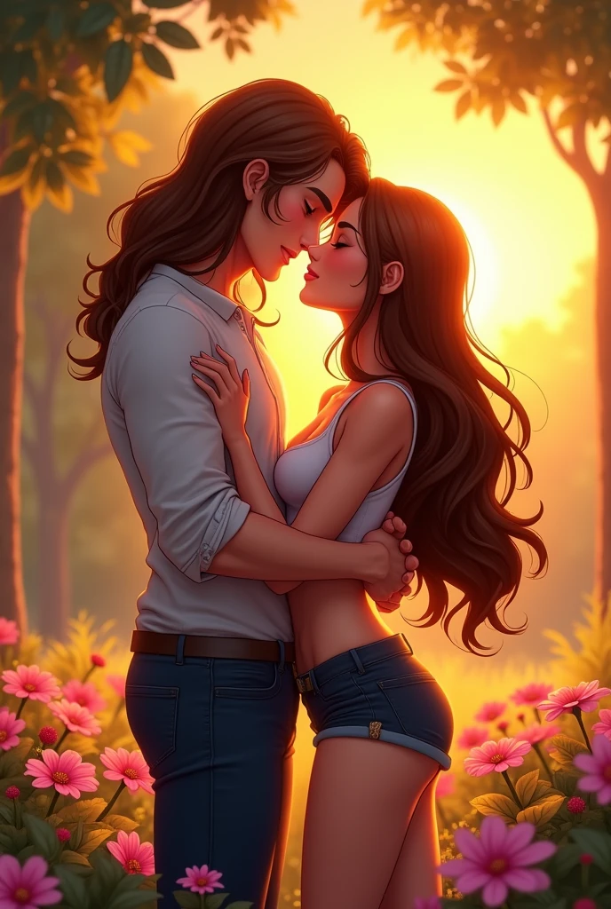 Make a man with long flowing brown hair, standing hugging a sexy sensual girl in shorts and cropped top with long brown hair and long bangs anime standing adults kissing