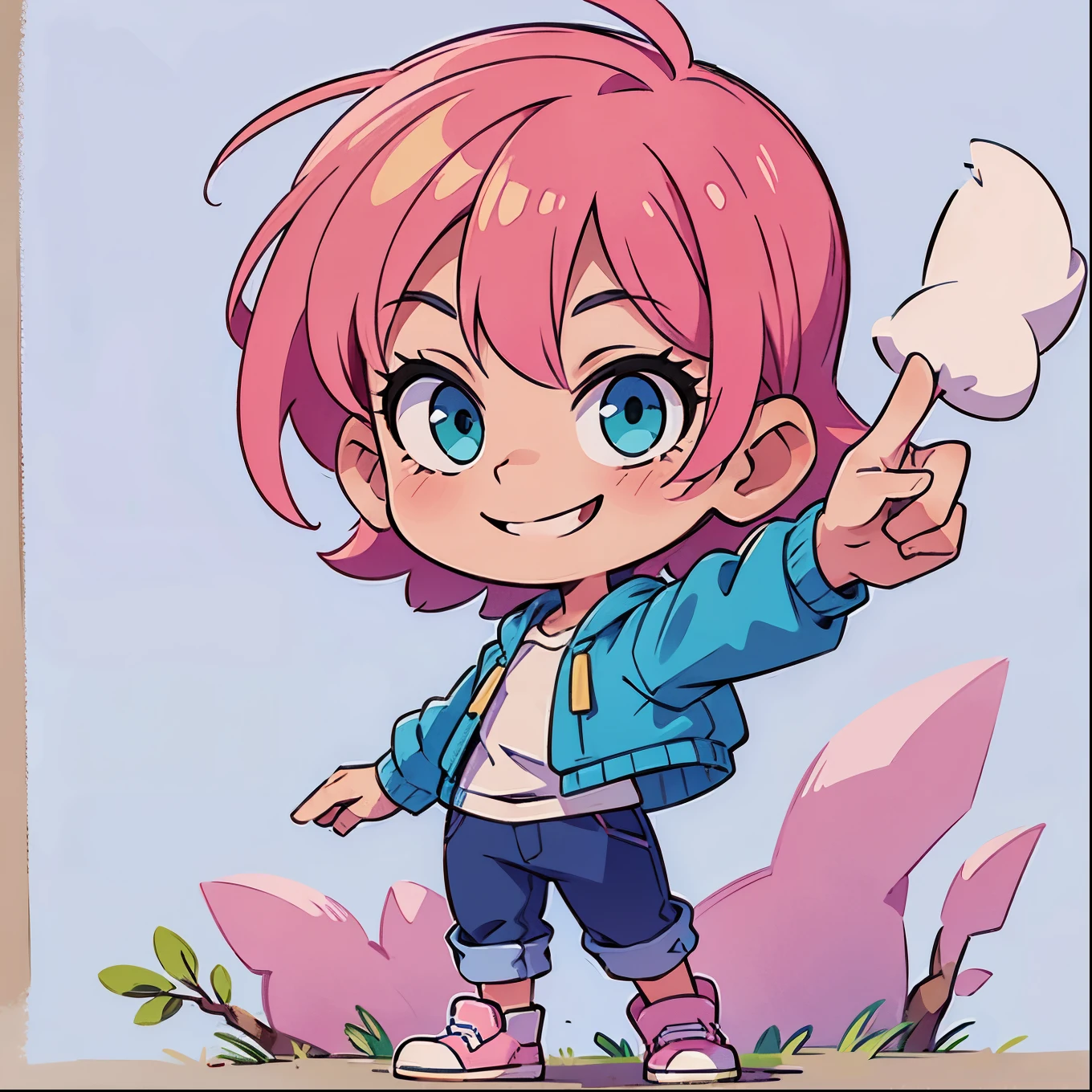 ((Cool smile))、Pink hair、short hair、Blue-green eyes、Simple clothes、Pointing Up