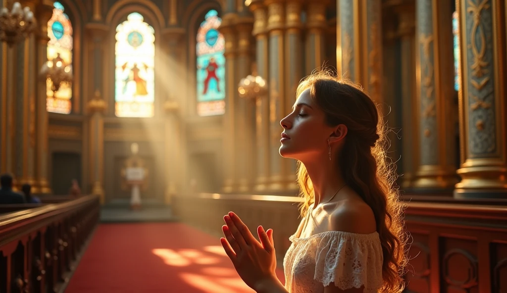 ((best quality)), ((masterpiece)), (detail), perfect face, panoramic photo of a young russian woman with her eyes closed and hands clasped in prayer in a church, church scene with intricate details, shimmering and magical light, surreal photo, 8k, ultra high resolution, sharp face