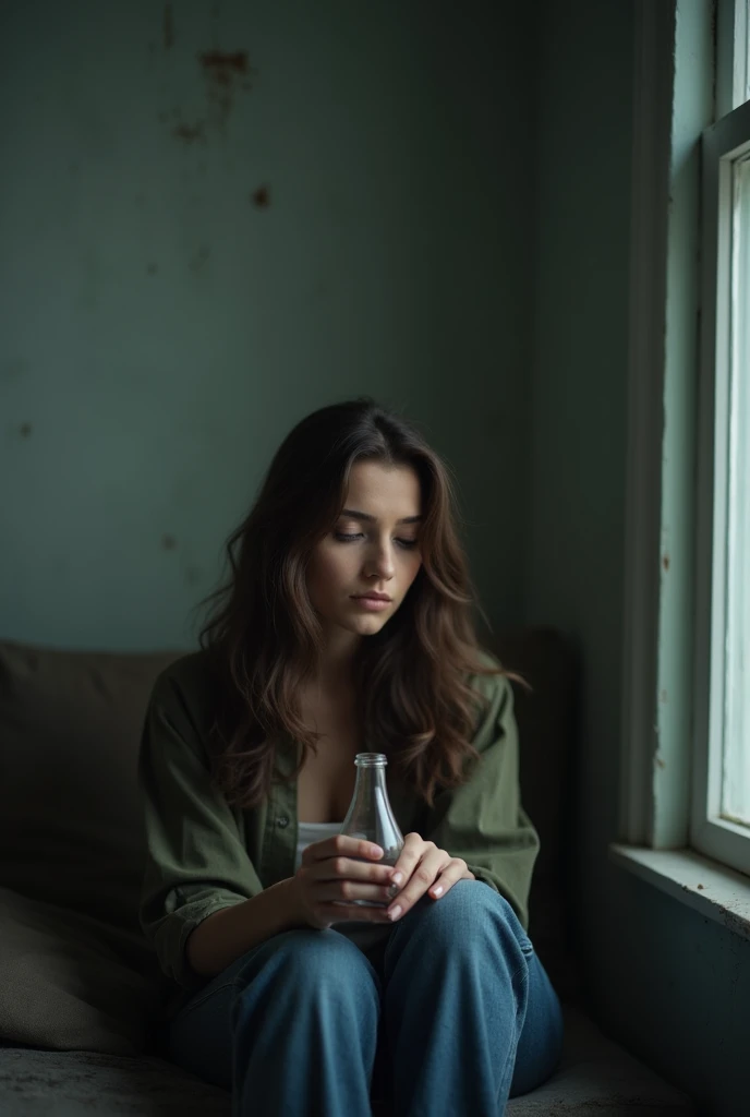 A woman bottling up her emotions and facing depression. A slogan on top, encouraging people to avail the services of mental health professionals