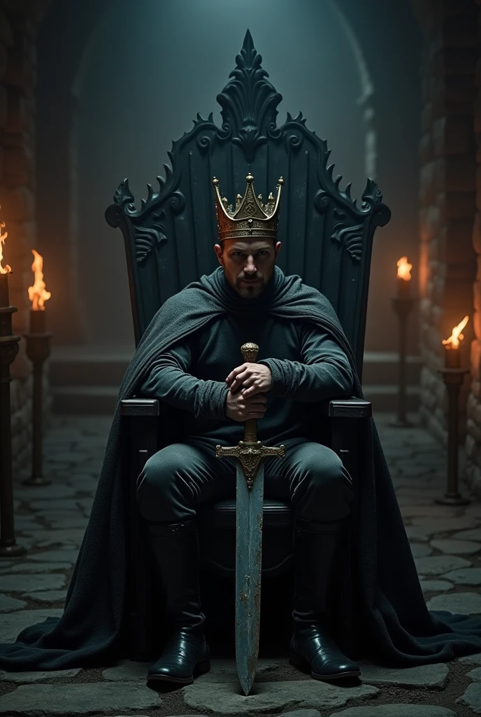 Male, , alone in a dark throne, hugging a torn sword, a big torn crown on his head, sad, dark atmosphere 