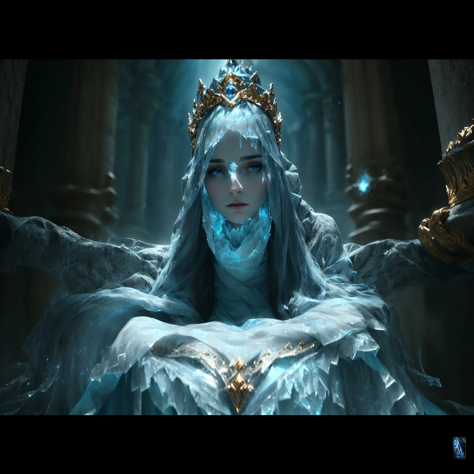 arafed woman in a blue dress with a crown on her head, emma watson as the queen of ice, unreal engine cinematic, 4 k cinematic epic, unreal engine render + a goddess, hyperrealism. fantasy 4k, fantasy style 8 k octane render, elegant cinematic fantasy art, unreal engine cinematic smooth, ultra detailed cinematic, highly detailed vfx portrait of, stunning vfx