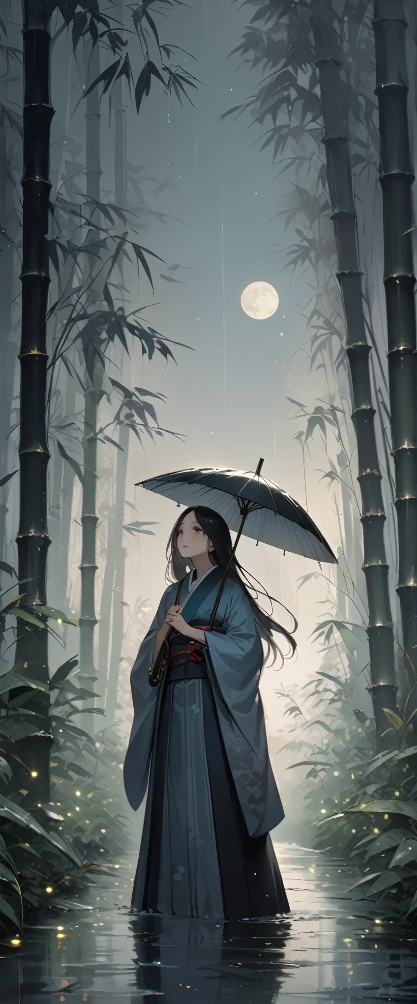 dynamic ink painting of a bamboo grove of japan, great art, great sense of depth, ground level shot, the most beautiful bamboo grove in the world, bamboo leaves shining through rainwater, moon\(pale blue\) with a light overcast,solo, beautiful 1girl\(ancient Japanese noble, beautiful kimono, beautiful long black hair\) looking up at the moon holding an umbrella,raining softly, fireflies flying around, bamboo leaves are placed three-dimensionally in the foreground, long shot,colorless