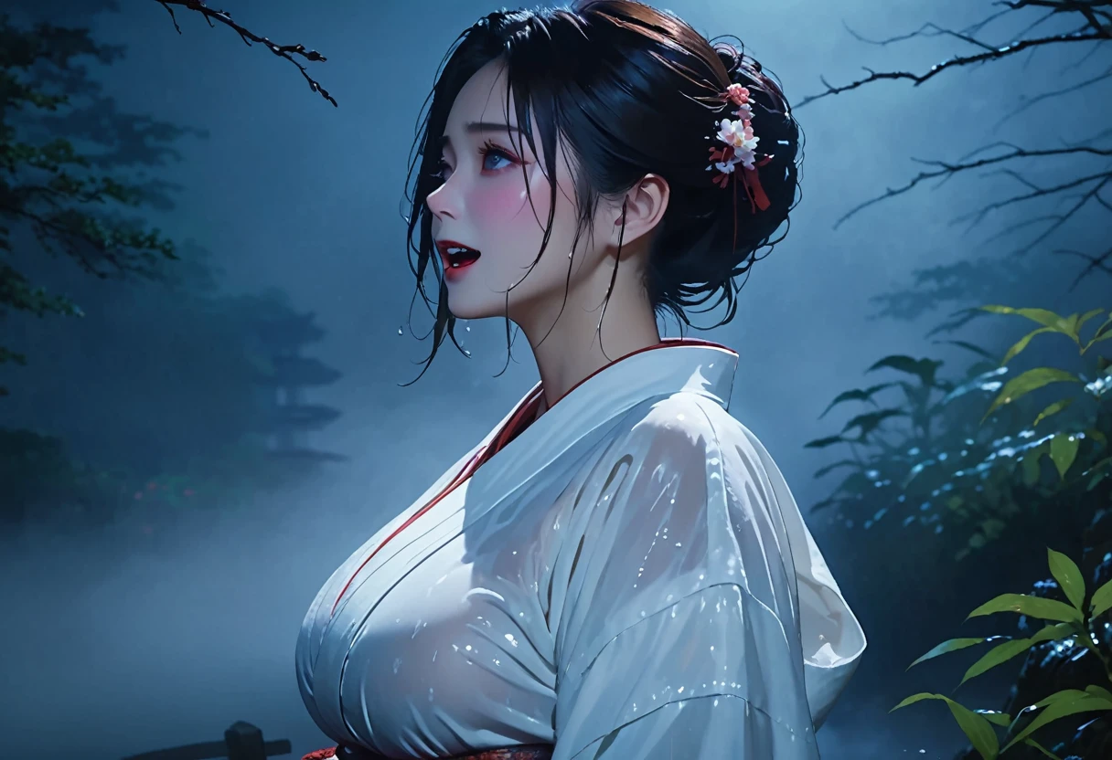 Dark Night、Horror、well、古wellから出てくる女、White kimono、Wet clothes、Dark darkness、Hairstyle that hides the face、Scary laughter、Super big breasts、、Dark Night、darkness、In the fog、日本のHorror映画、Sexy face