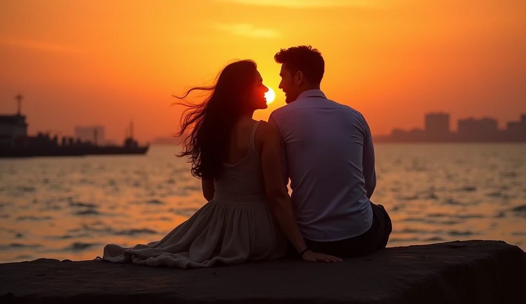 “Create a serene and romantic scene set on Marine Drive, the iconic seafront of Mumbai, during sunset. A stylish 25-year-old North Indian woman, Priya, is sitting close to a 27-year-old South Indian man, Raj. The sun is setting in the background, casting a warm, orange glow over the scene, while the city lights begin to twinkle in the distance. Raj is gently offering his jacket to Priya, who accepts it with a grateful smile. They are both seated on the edge of the seawall, watching the waves crash softly against the rocks. Their body language should reflect a quiet connection, with subtle hints of affection as they sit close to each other, lost in the moment. The atmosphere should be calm and romantic, with intricate details in the reflections of the city lights on the water and the soft glow of the sunset.””Realistic, intricate details, vibrant colours.
