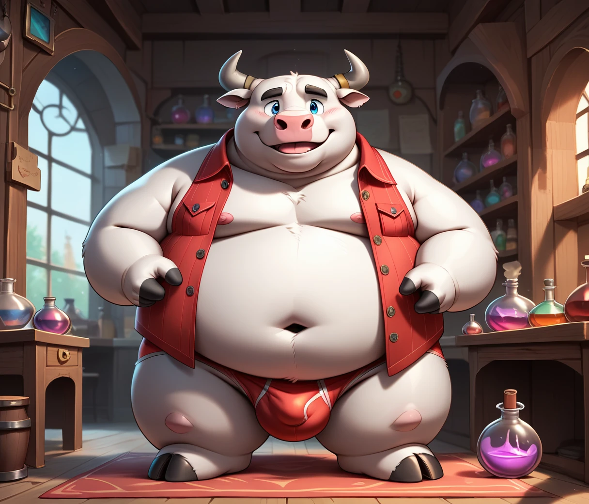 (cute, fat, obese, anthro, male, bull), full body, nude, red vest, red briefs, potion, alchemy shop, fantasy background, hires textures, highly detailed, intricate details, best quality, masterpiece, bright lighting, detailxl, zPDXL2
