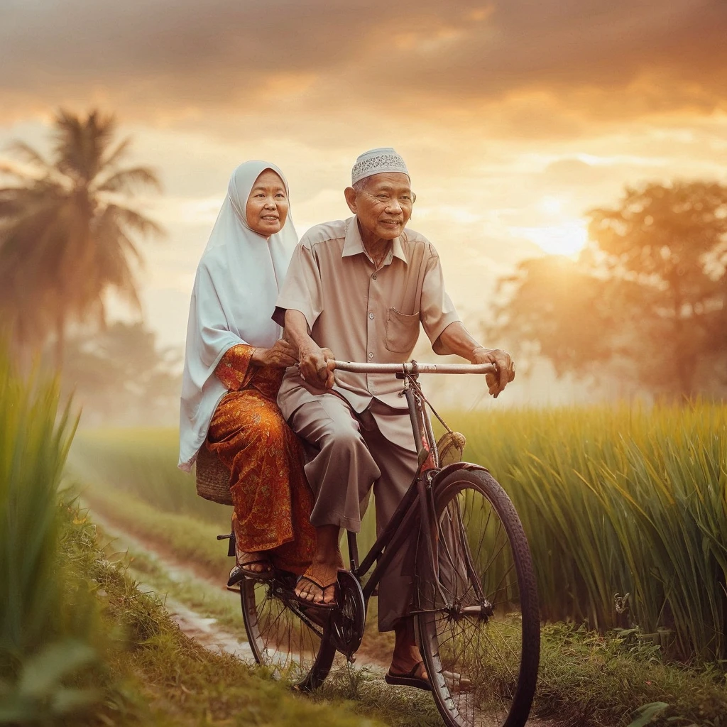 a pair of grandparents from Indonesia, both of them are thin, wearing Muslim clothes, the grandfather is carrying the grandmother on a classic bicycle together, a cheerful atmosphere on the village rice field road in the afternoon, a dramatic atmosphere, full of love, the best photography quality from the A7iii plus sigma art 85mm 1.4 camera.