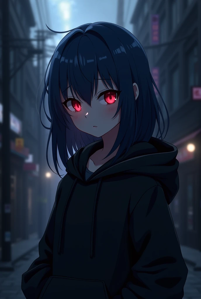 Dark background , Anime girl , dark blue hair , modern day mullet hair style , black hoodie , red eyes , almond eye
