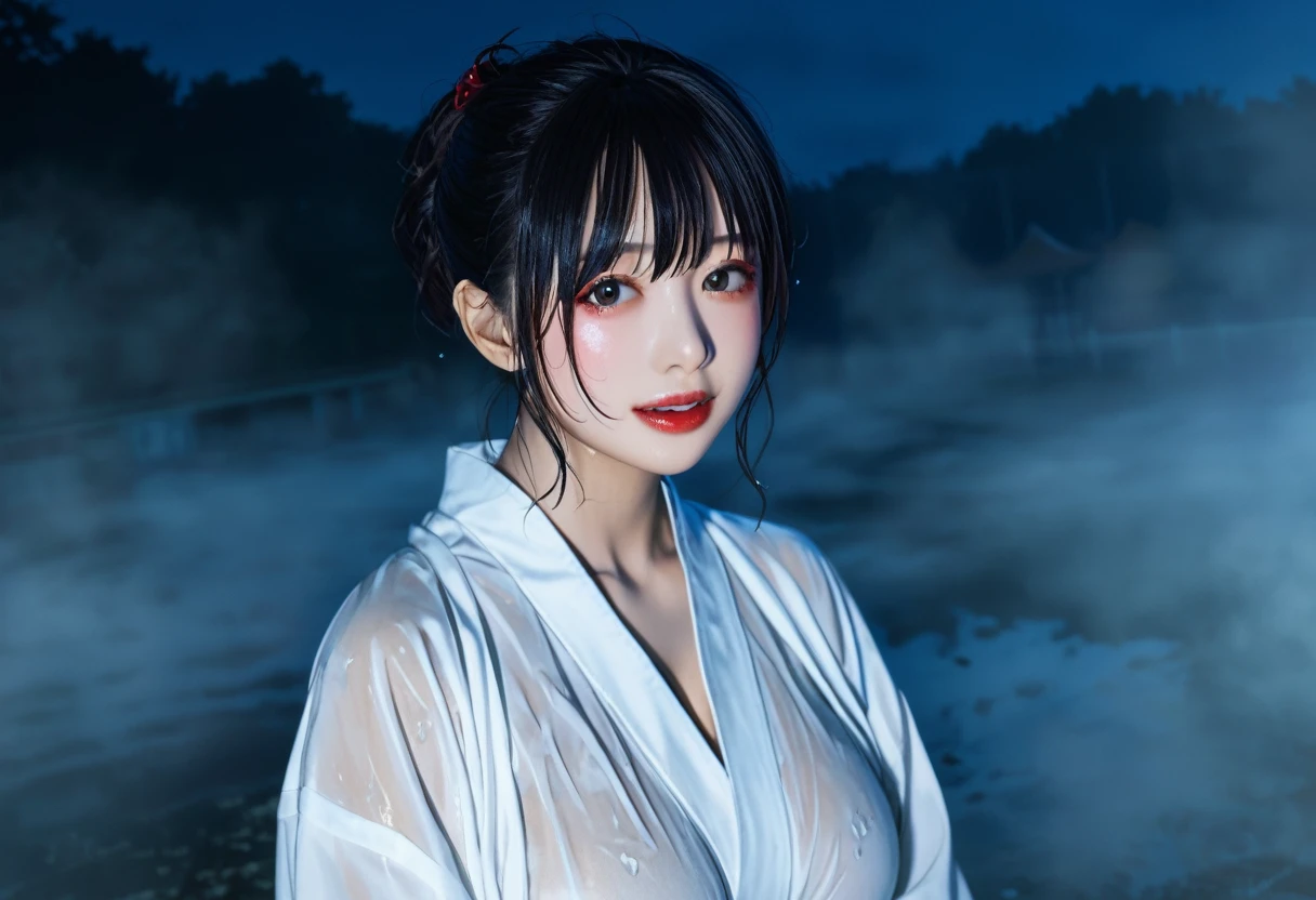 Dark Night、Horror、well、古wellから出てくる女、White kimono、Wet clothes、Dark darkness、Hairstyle that hides the face、Scary laughter、Super big breasts、、Dark Night、darkness、In the fog、日本のHorror映画、Sexy face