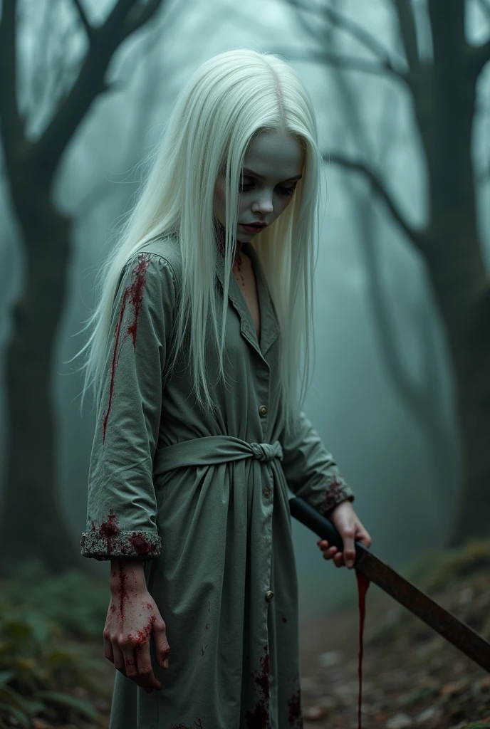 Create a surreal and psychologically unsettling creature that instills fear not because it is terrifying, but due to its uncanny appearance. The creature has the body of a very pale girl. The head should be unnervingly realistic, with vibrant, white hair and a slanted eyes that seem to watch with an almost sentient awareness. The body should be slightly distorted in a way that feels unnatural, adding to the discomfort. The creature body obscured by the shabby grey robe with blood stain everywhere, should be slightly distorted in a way that feels unnatural, adding to the discomfort. The creature holds a long rusty knife full of dripping blood. The setting is an eerie, dimly lit forest where the creature is blending into the shadows, creating an unsettling atmosphere that plays on the viewer's mind