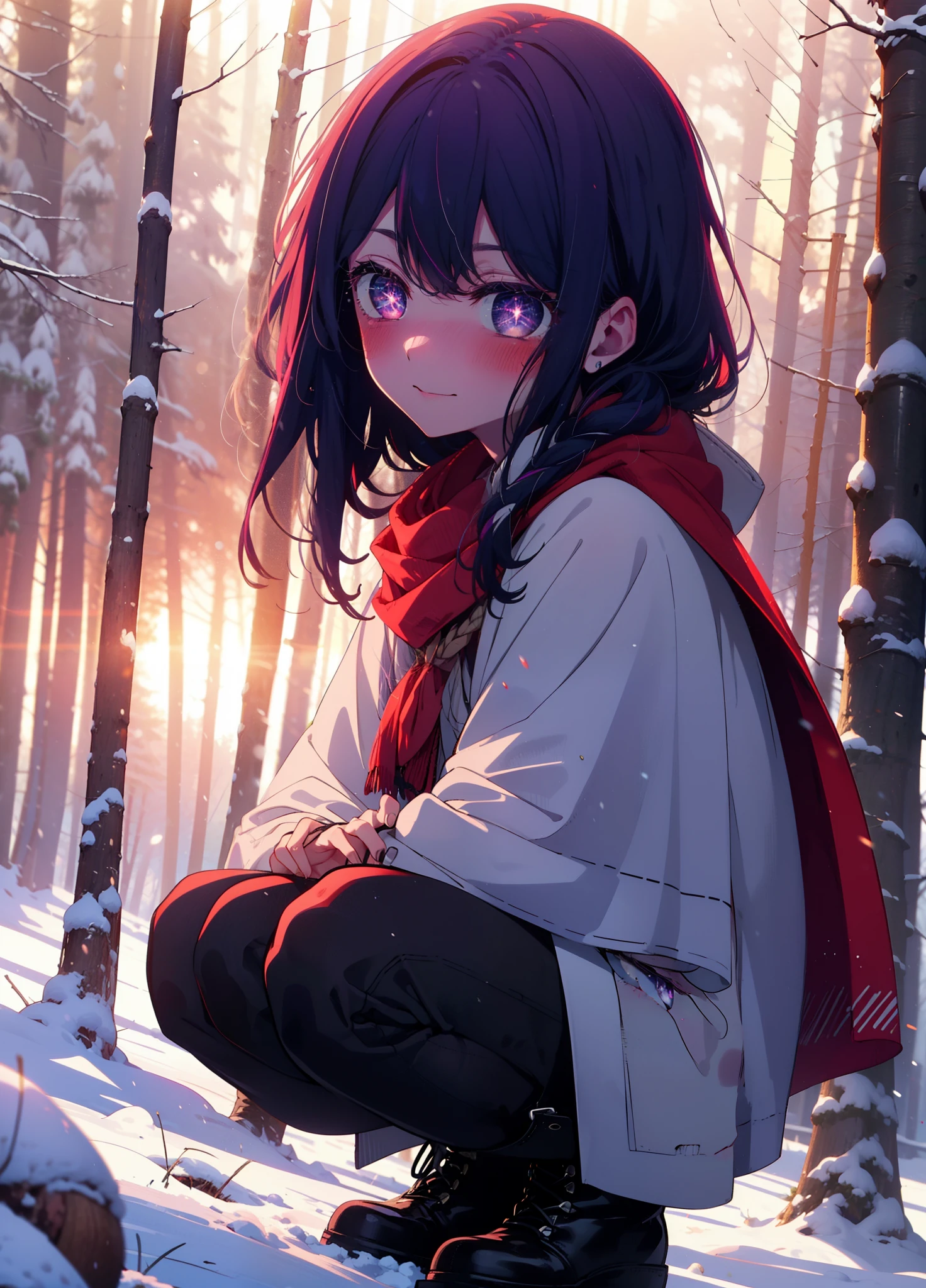 aihoshino, Ai Hoshino, Long Hair, bangs, (Purple eyes:1.1), Purple Hair, (Symbol-shaped pupil:1.5), smile,,smile,blush,white breath,
Open your mouth,snow,Ground bonfire, Outdoor, boots, snowing, From the side, wood, suitcase, Cape, Blurred, , forest, White handbag, nature, Squat, Mouth closed, Cape, winter, Written boundary depth, Black shoes, red Cape break looking at viewer, Upper Body, whole body, break Outdoor, forest, nature, break (masterpiece:1.2), Highest quality, High resolution, unity 8k wallpaper, (shape:0.8), (Beautiful and beautiful eyes:1.6), Highly detailed face, Perfect lighting, Extremely detailed CG, (Perfect hands, Perfect ???????),