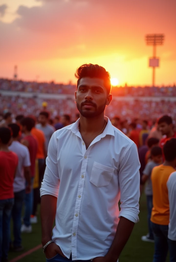 30 years old man wearing white shirt full hand standing in crowd of Indian people in stadium reddish dramatic evening sunset