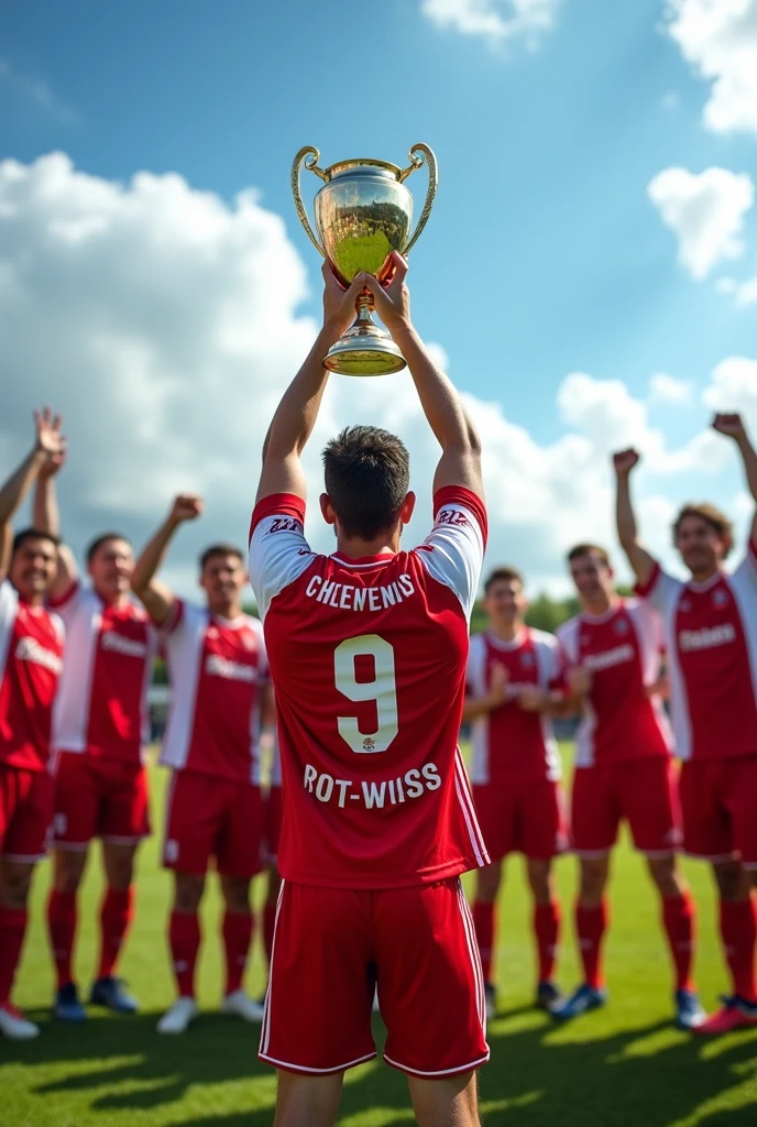 A 17-year-old soccer player holding a trophy in his hand, celebrates with his colleagues,Wears a red and white jersey with the number 9,The jersey says Rot-Weiss Essen, photographed from behind