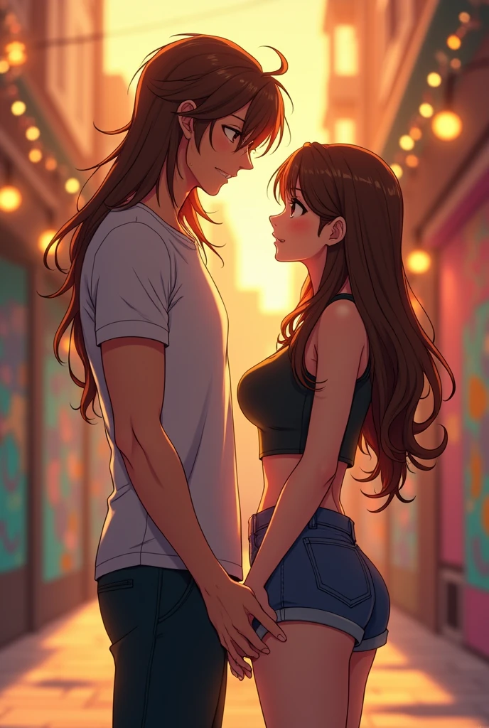 Make a man with long flowing brown hair, Standing, embracing and placing hands on the buttocks of a sensual sexy girl in shorts and a cropped top with long brown hair and long bangs anime standing adults 