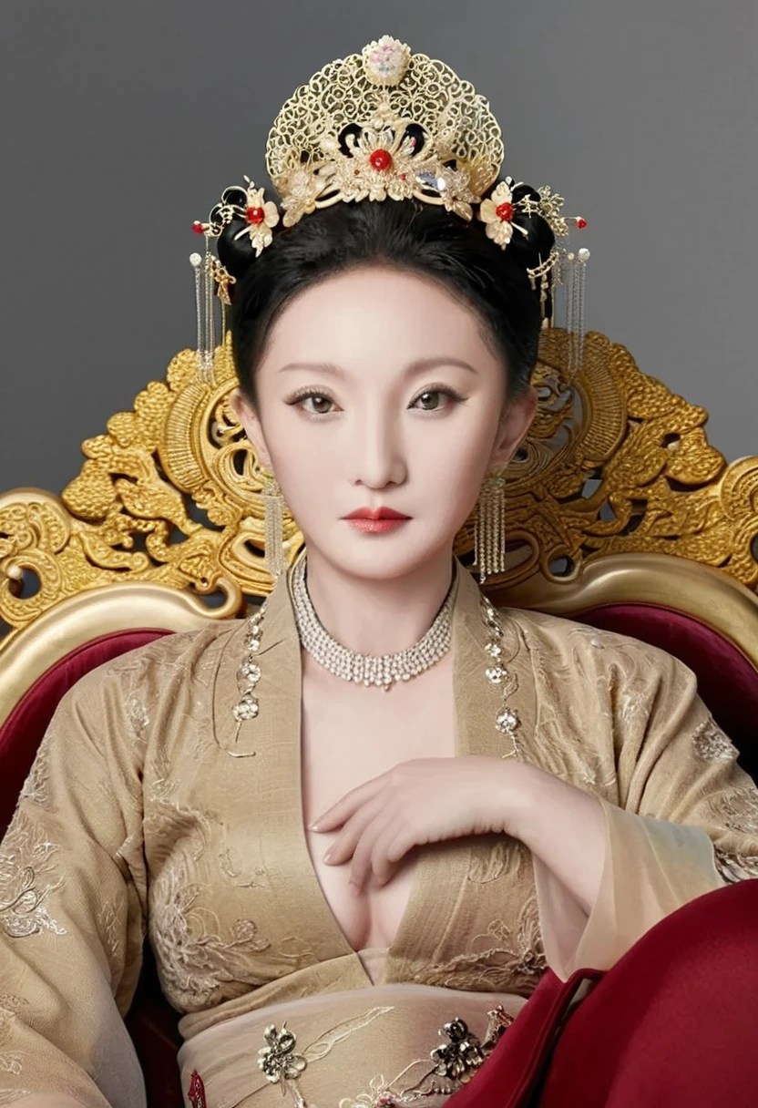 A lavish Empress from the Qing Dynasty era in China, seated on a large golden sofa, completely naked, with her large breasts and massive buttocks protruding as she faces away, her face visible.（Porn Pose） A gorgeous Chinese imperial empress with her hair tied on both sides and wearing a crown、Background of kinky and erotic woman tying her hair、The story is set in the luxurious rooms of an empress in the Chinese imperial court during the Qing dynasty.。