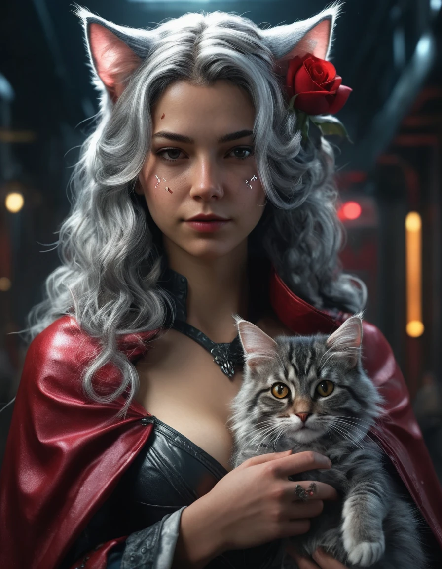 ((realistic )) a cyberpunk catgirl hybrid that is half woman and half cat. Her face is a that of a maincoon long-haired cat with gray light gray hair. victorian style clothing, gray furry skin, Facing camera, 4K, rembrant lighting, leather, silk, red cape ((masterpiece)). butterflies and fireflies float above her in a magical kind of way. cinematic, film grain, (cleavage 1.5), she is holding a rose in her right hand.