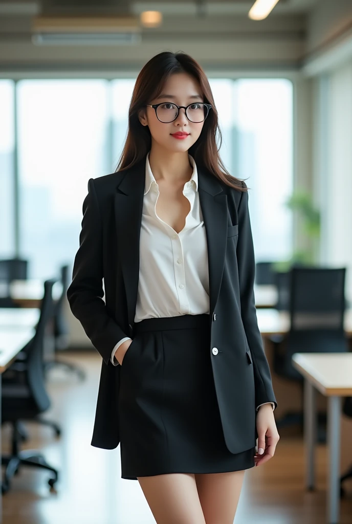Image of a beautiful Korean woman wearing a shirt and jacket with the shirt slightly unbuttoned, and also a mini skirt, wearing glasses, set in an office