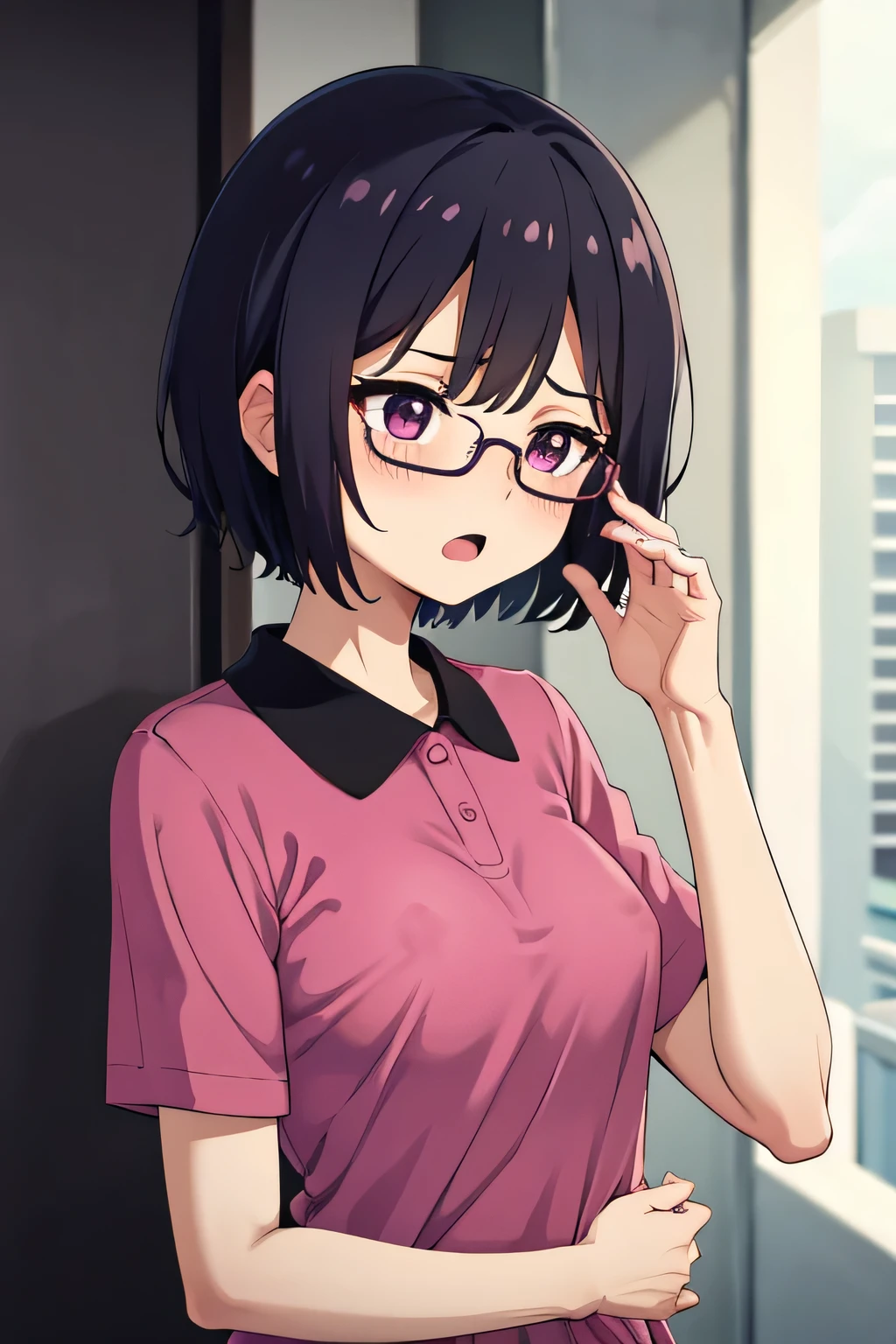 1. Female Nipple Magenta Polo Shirt, short hair, Small breasts, Embarrassing, beautiful指, Shyness, worries, Black Hair, Black eyeball, hospital, beautiful, cute, high quality, Short sleeve, Open Mouth Glasses Perfect Hands