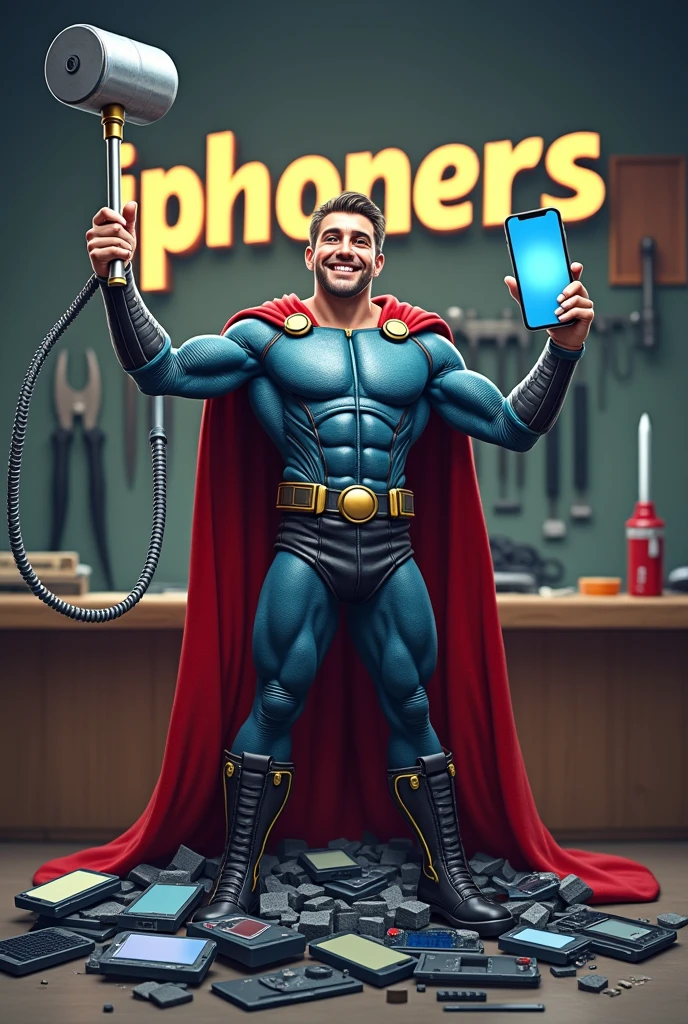 (Photorealism), (realistic) A humorous scene of a superhero-themed iPhone repairman standing in a repair shop. The repairman is dressed in a superhero outfit with a cape made of phone cables, holding a giant screwdriver like Thor's hammer in one hand, and a perfectly repaired glowing iPhone in the other. The background features a cartoon-style repair shop with exaggerated oversized tools and broken iPhones scattered around. The repairman stands triumphantly over a pile of broken phones, giving off a confident and victorious vibe. The company name 'iphoners' is clearly visible in bold, playful lettering, either on a sign in the background or as part of the scene."
