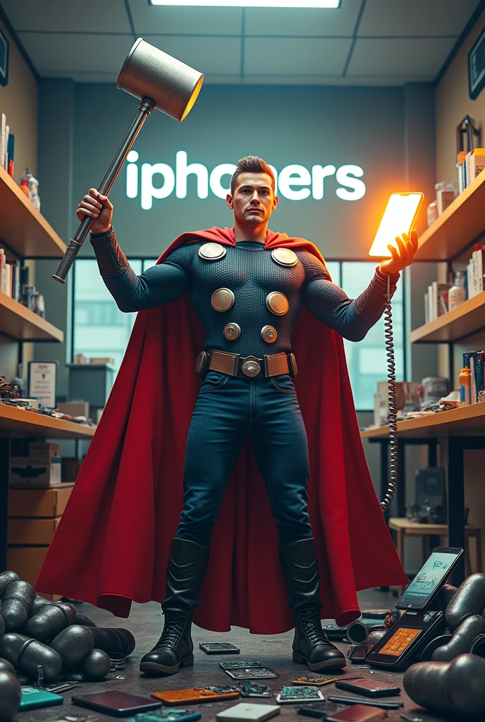(Photorealism), (realistic) A humorous scene of a superhero-themed iPhone repairman standing in a repair shop. The repairman is dressed in a superhero outfit with a cape made of phone cables, holding a giant screwdriver like Thor's hammer in one hand, and a perfectly repaired glowing iPhone in the other. The background features a cartoon-style repair shop with exaggerated oversized tools and broken iPhones scattered around. The repairman stands triumphantly over a pile of broken phones, giving off a confident and victorious vibe. The company name 'iphoners' is clearly visible in bold, playful lettering, either on a sign in the background or as part of the scene."