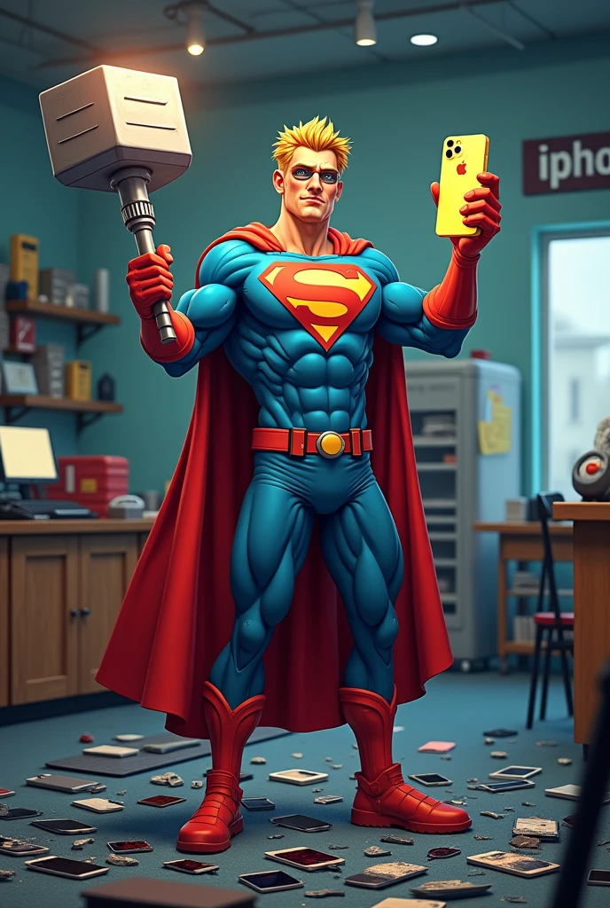 (Photorealism), (realistic) A humorous scene of a superhero-themed iPhone repairman standing in a repair shop. The repairman is dressed in a superhero outfit with a cape made of phone cables, holding a giant screwdriver like Thor's hammer in one hand, and a perfectly repaired glowing iPhone in the other. The background features a cartoon-style repair shop with exaggerated oversized tools and broken iPhones scattered around. The repairman stands triumphantly over a pile of broken phones, giving off a confident and victorious vibe. The company name 'iphoners' is clearly visible in bold, playful lettering, either on a sign in the background or as part of the scene."
