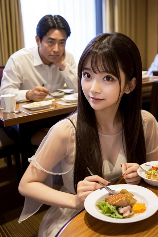 She wore a see-through dress、A cute Japanese person with big eyes、Sitting next to a man enjoying a meal together at a hotel。