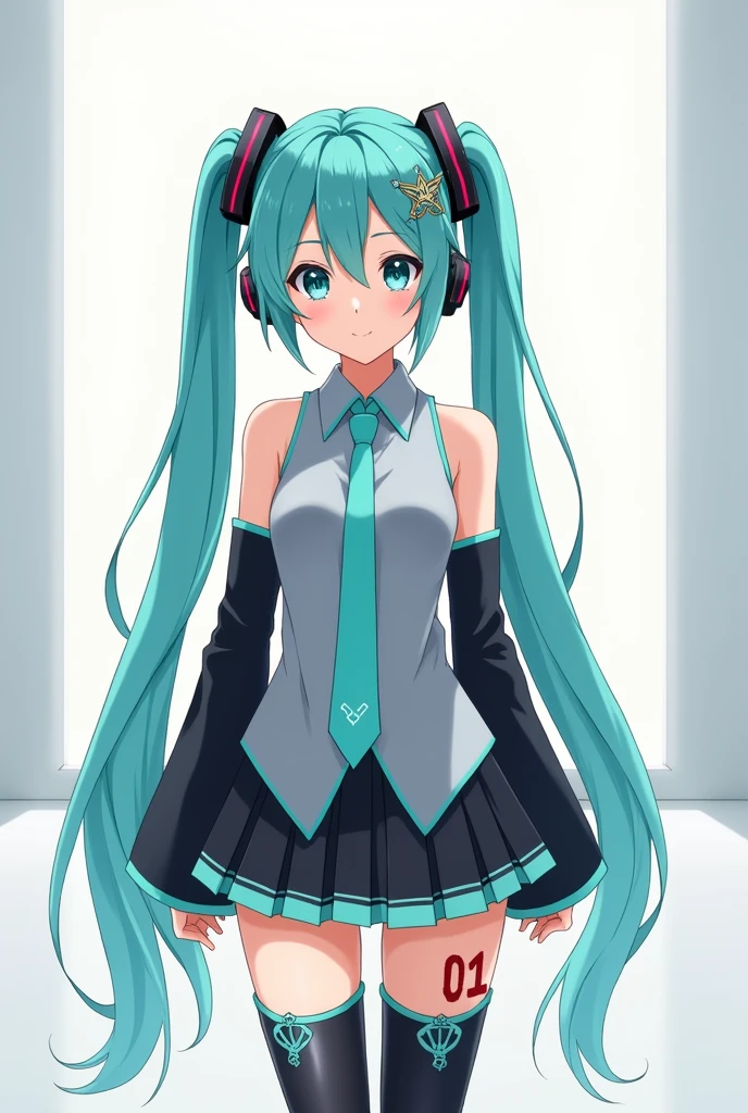 Anime art, anime style, detailed drawing, white background, high definition, high quality, one girl, solo, Hatsune Miku, aqua hair, twin tails, head ornament, headphones, number tattoo "01" (red, located on her left hand), grey sleeveless collared shirt, black detached sleeves with aqua lines, five fingers with aqua nails, aqua necktie, black pleated mini skirt with aqua lines, zettai ryouiki, thigh-high black boots with aqua lines.

Miku Hatsune in a full white room; the bed is white, the lamp is white, everything is white