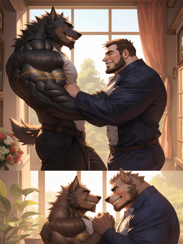 4K, detailed, soft color, Vintage images, highres, unparalleled masterpiece, absurdres, love story of human old man and giant huge Muscular Werewolf, pair, Height difference, Physical difference, perfect anatomy, smile, joyful, play with, smile, happy