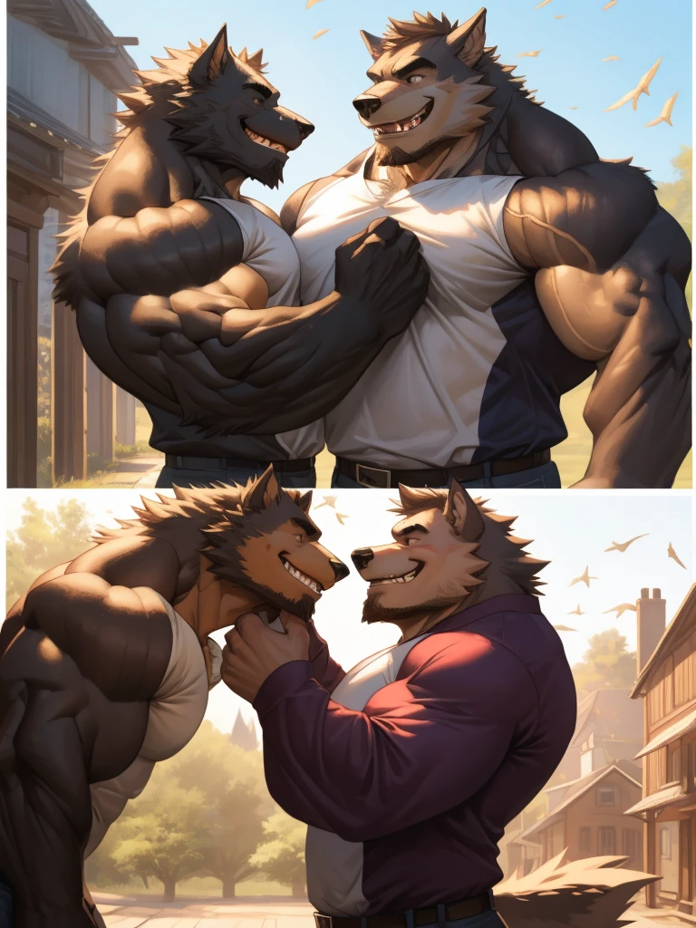 4K, detailed, soft color, Vintage images, highres, unparalleled masterpiece, absurdres, love story of human old man and giant huge Muscular Werewolf, pair, Height difference, Physical difference, perfect anatomy, smile, joyful, play with, smile, happy