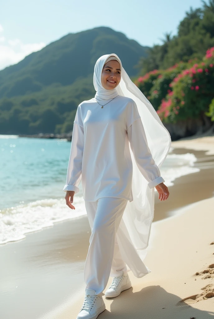 Glamor shot, beautiful Indonesian girl with white skin, well-groomed face, wearing a white hijab, walking on the beach, wearing a long-sleeved t-shirt, white Jordan sneakers, looks very happy. Mountain background full of roses, tulips, jasmine beautiful flowers photo original photo studio