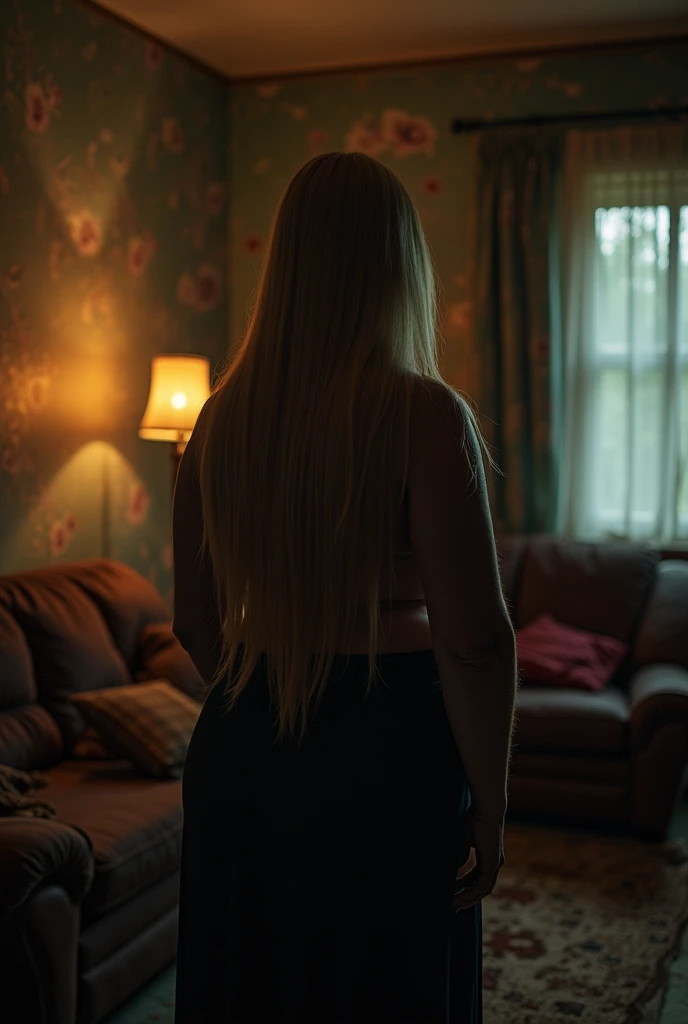 A 62-year-old woman with an obese body and feminine features, waxed with long, straight hair.. She is completely naked and standing in a dark and shabby living room. 