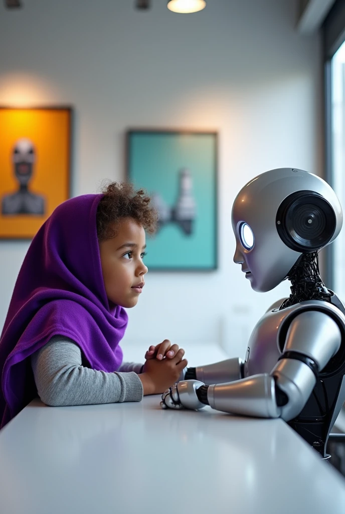 create a girl, who is interviewing a robot. They communicate, sitting at the table. A girl's head must be covered with a skullcap or a scarf