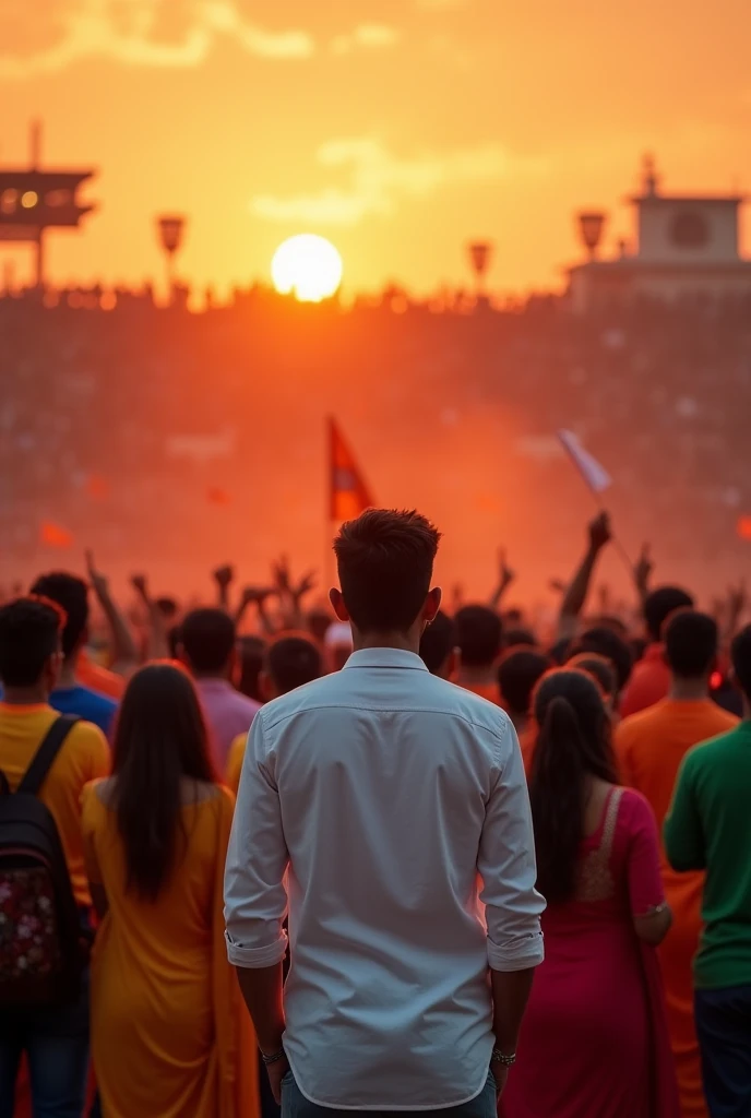 35 years old man wearing white shirt full hand standing in crowd of Indian people in stadium reddish dramatic evening sunset